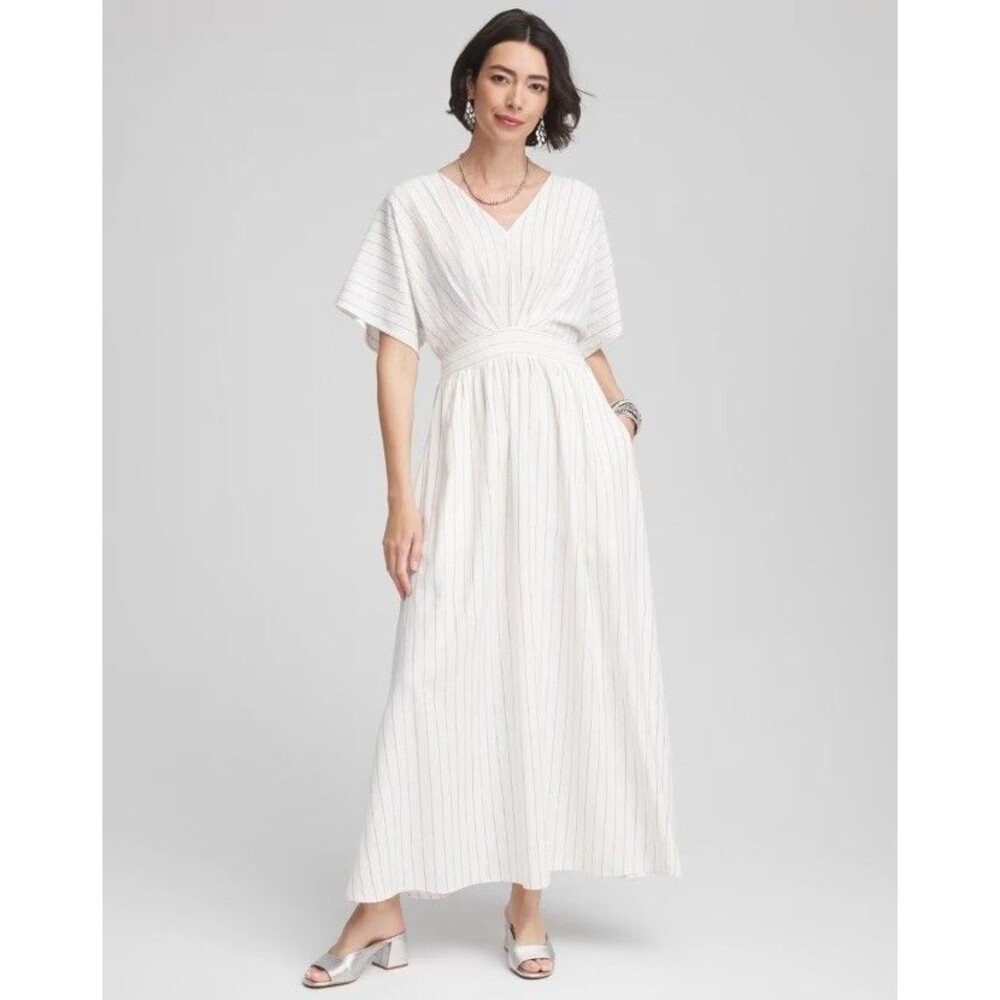 Chico's Metallic Stripe Maxi Dress Size 3 XL NWT White Silver V Neck Pockets